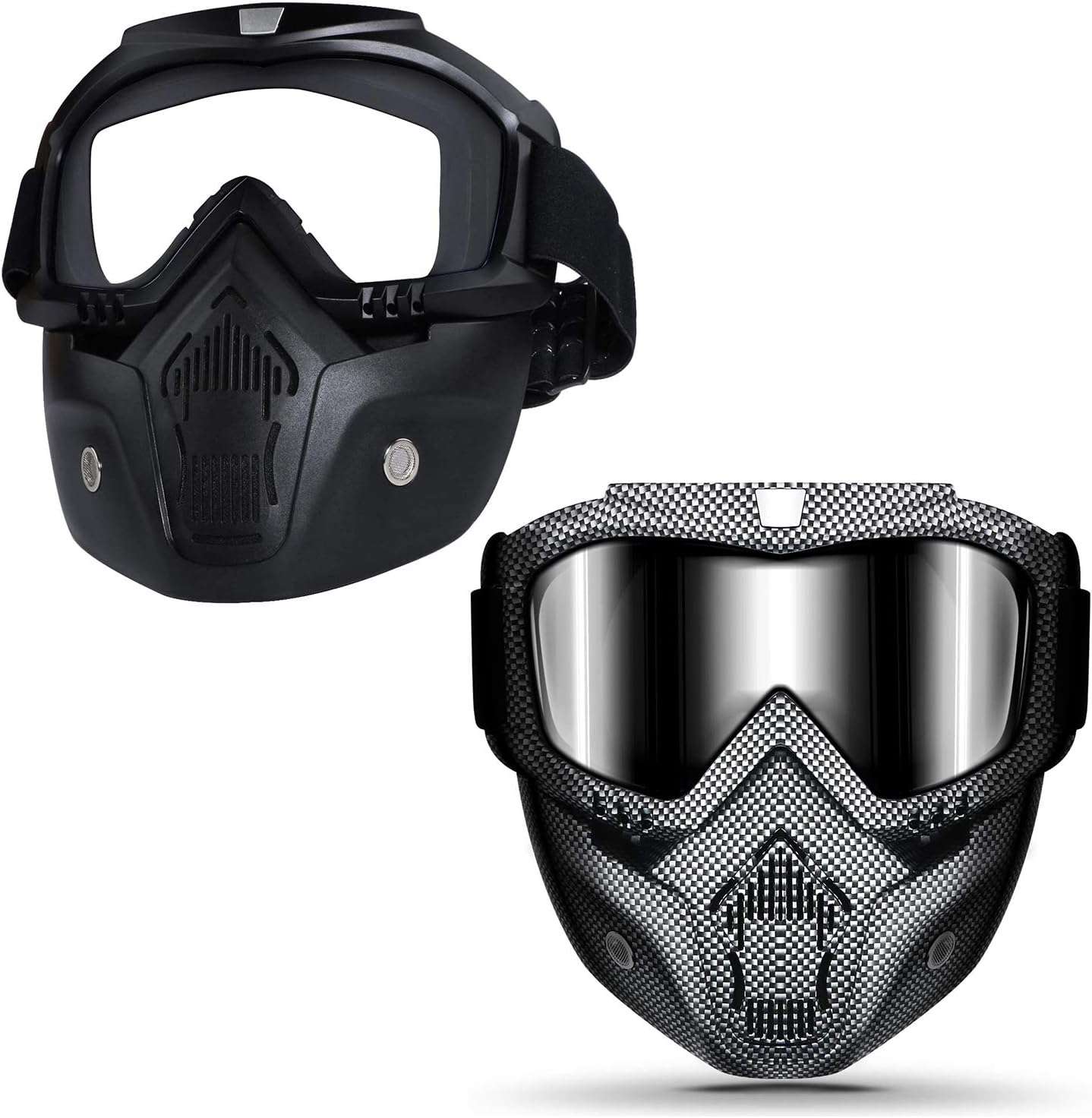 Motorcycle Helmet Riding Goggles Glasses with Removable Face Mask Detachable Fog-proof Warm Goggles Mouth Filter Adjustable Non-slip Strap Vintage Bullet Fight Motocross White & Black Grid Set