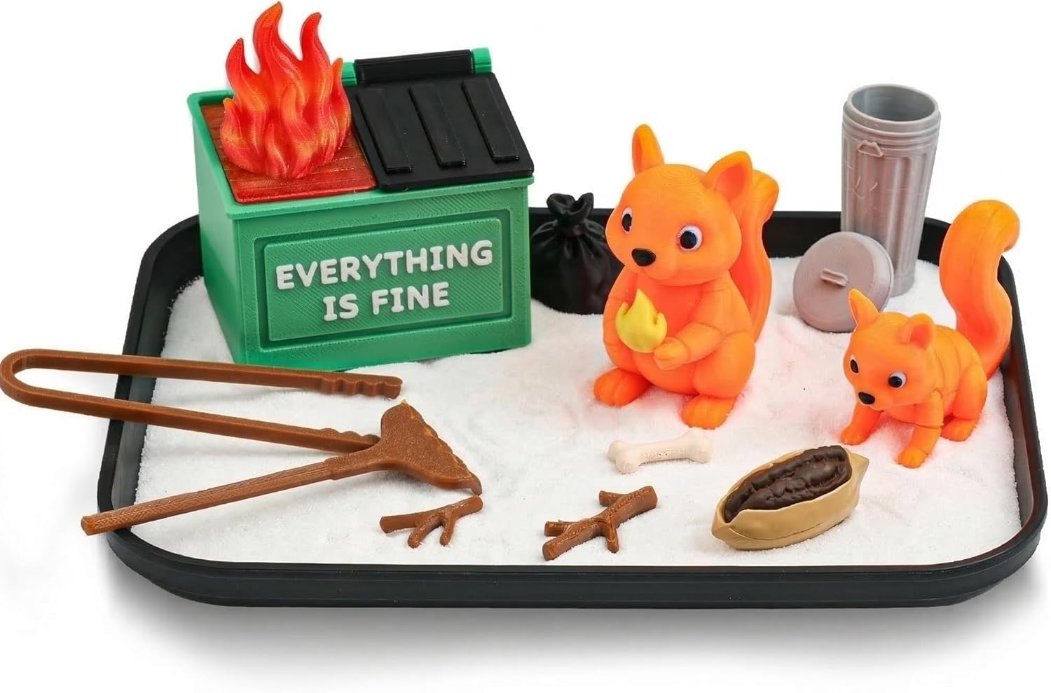 Dumpster Fire Zen Garden for Desk - Squirrel Edition Funny Office Desk Accessories - White Elephant Gag Gifts for Coworkers, Boss, Men & Women - Mini Sand Tray Stress Relief Decor (14+)