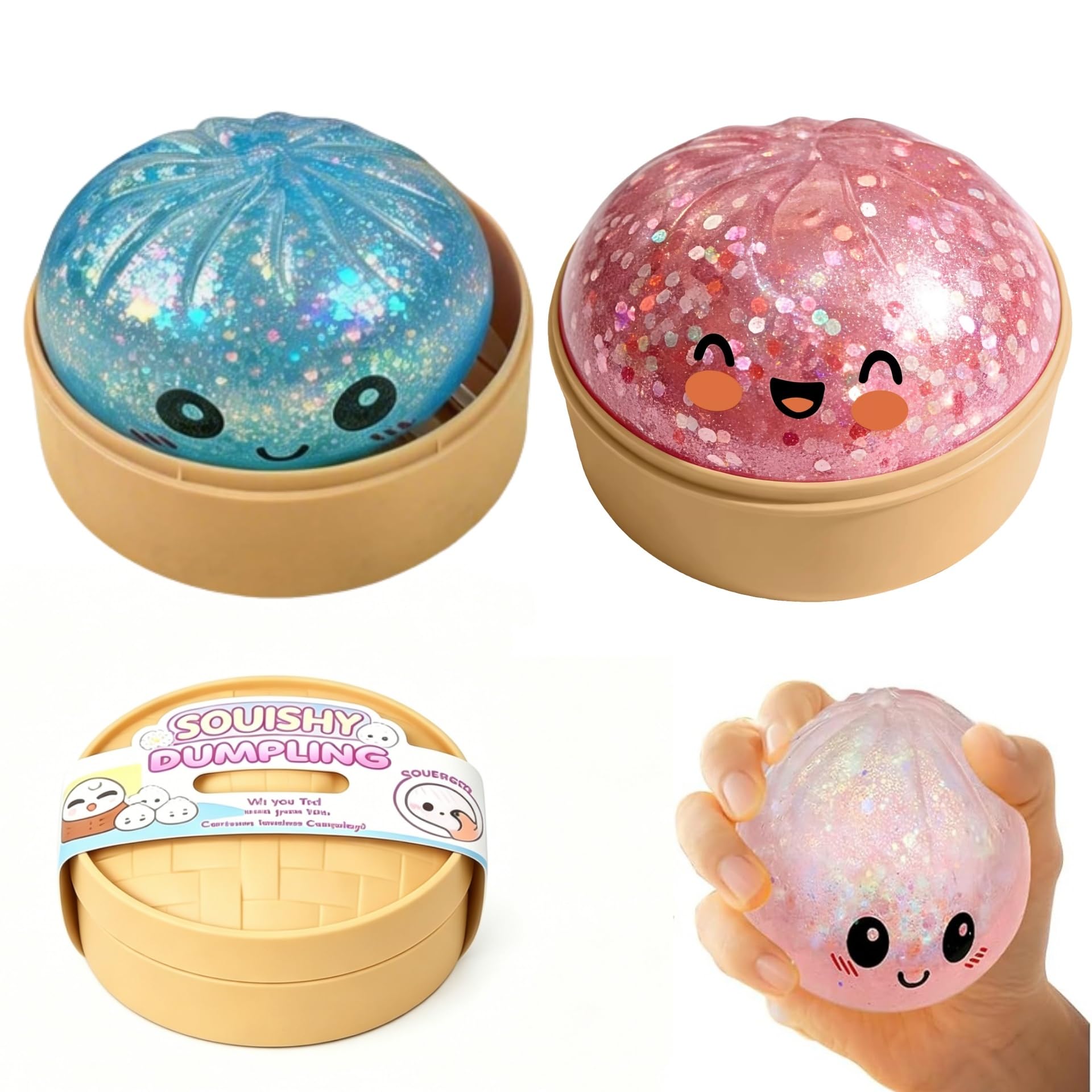 2 Piezas Giant Glitter Dumpling Squishy - Glitter Dumplings con Recipiente de Vapor Squishy Antiestrés para Adultos Y Adolescentes