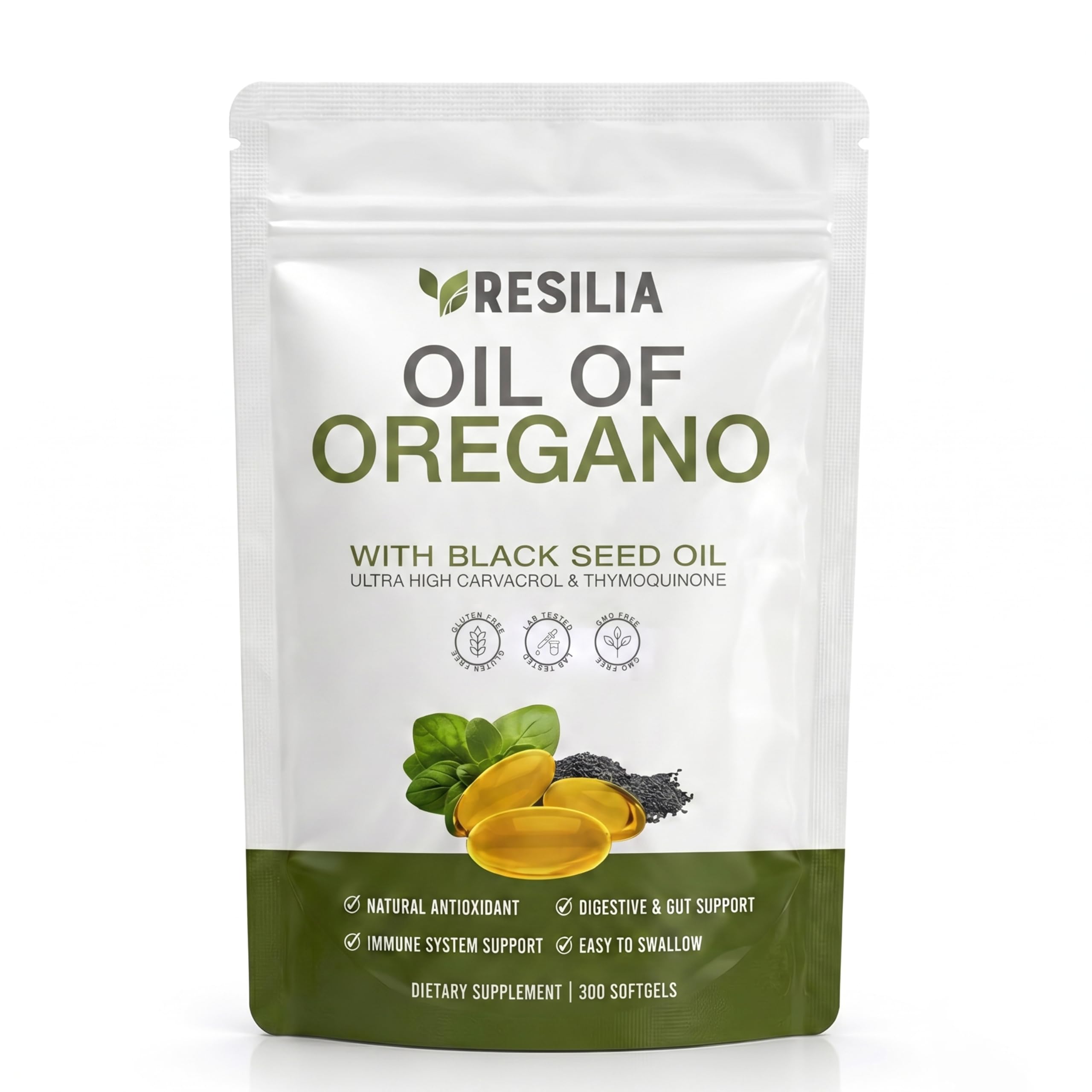 Resilia Softgels with Black Seed Oil 6000mg – Premium Grade Oregano Oil Capsules for Immune & Digestive Support – Non-GMO, Gluten-Free Softgels – Natural Herbal Wellness Supplement (300 Count)