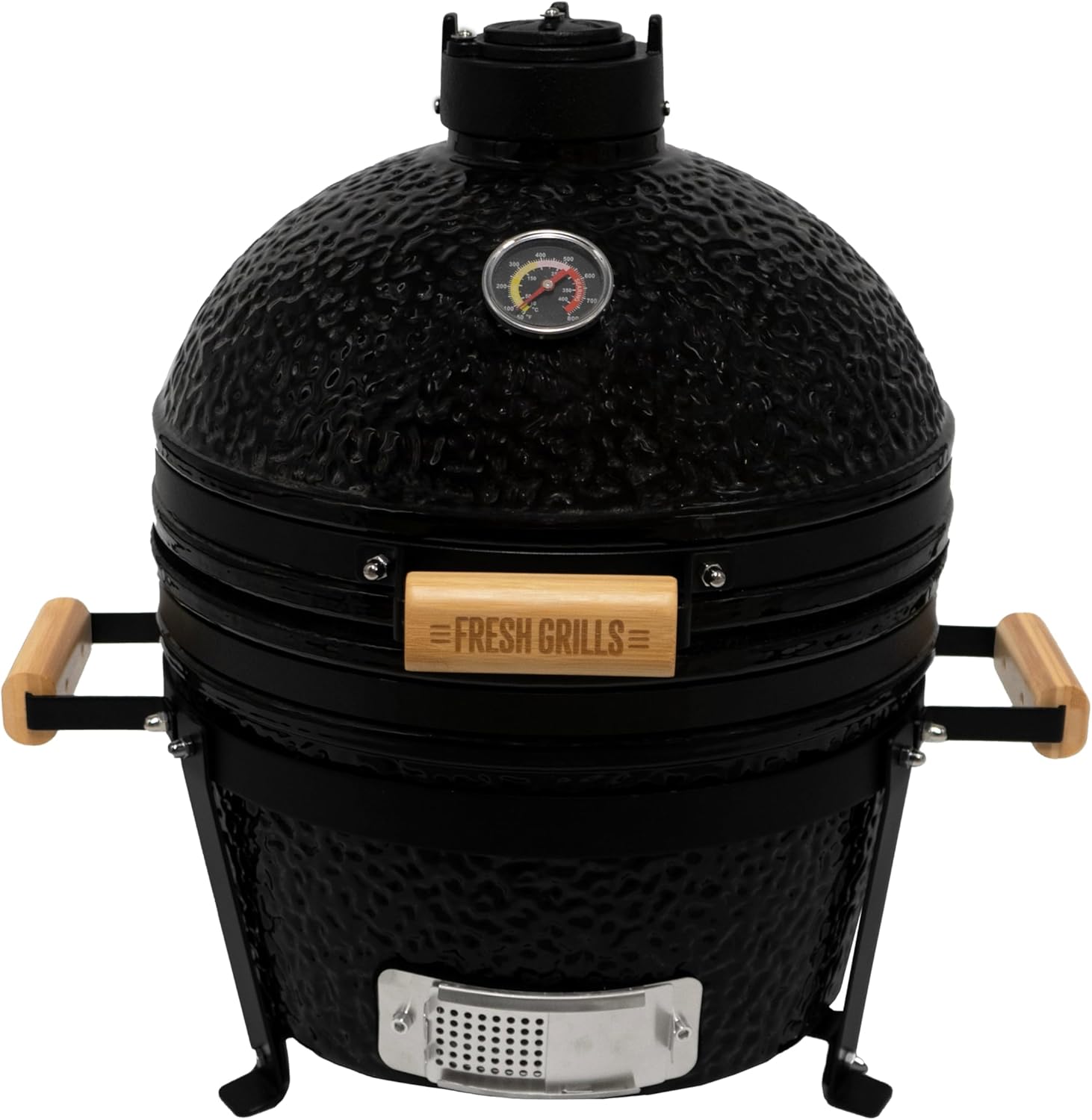 Fresh Grills Kamado BBQ 16 Inch Black Ceramic Mini Oven Barbecue Grill Egg Charcoal Smoker Roast Bake With Stand Portable Built In Thermometer Top & Bottom Air Flow System Outdoor Cooking Camping