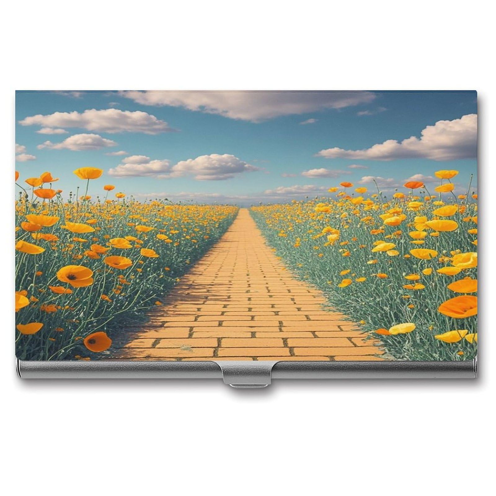 FekiLoot Poppies Field Yellow Brick Road Business Card Holder for Men Women Metal Slim Organizer Business Card Carrier Wallet Name Cards Holder Retro Slim Pocket Purse Small Portable Card Case