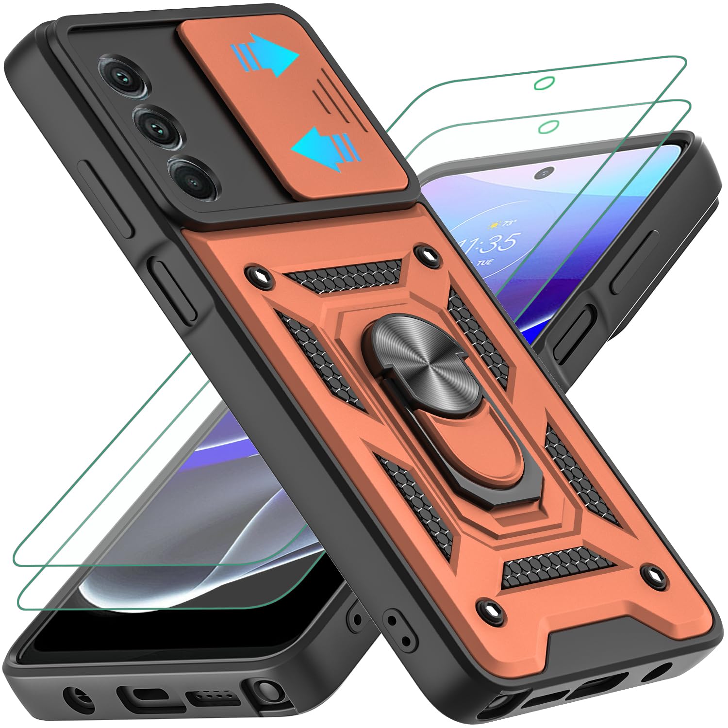 AKINIK for Moto G Stylus 5G 2022 Case with Slide Camera Cover and 2pcs HD Screen Protector, 360° Rotation Ring Kickstand [Military Grade] Case for