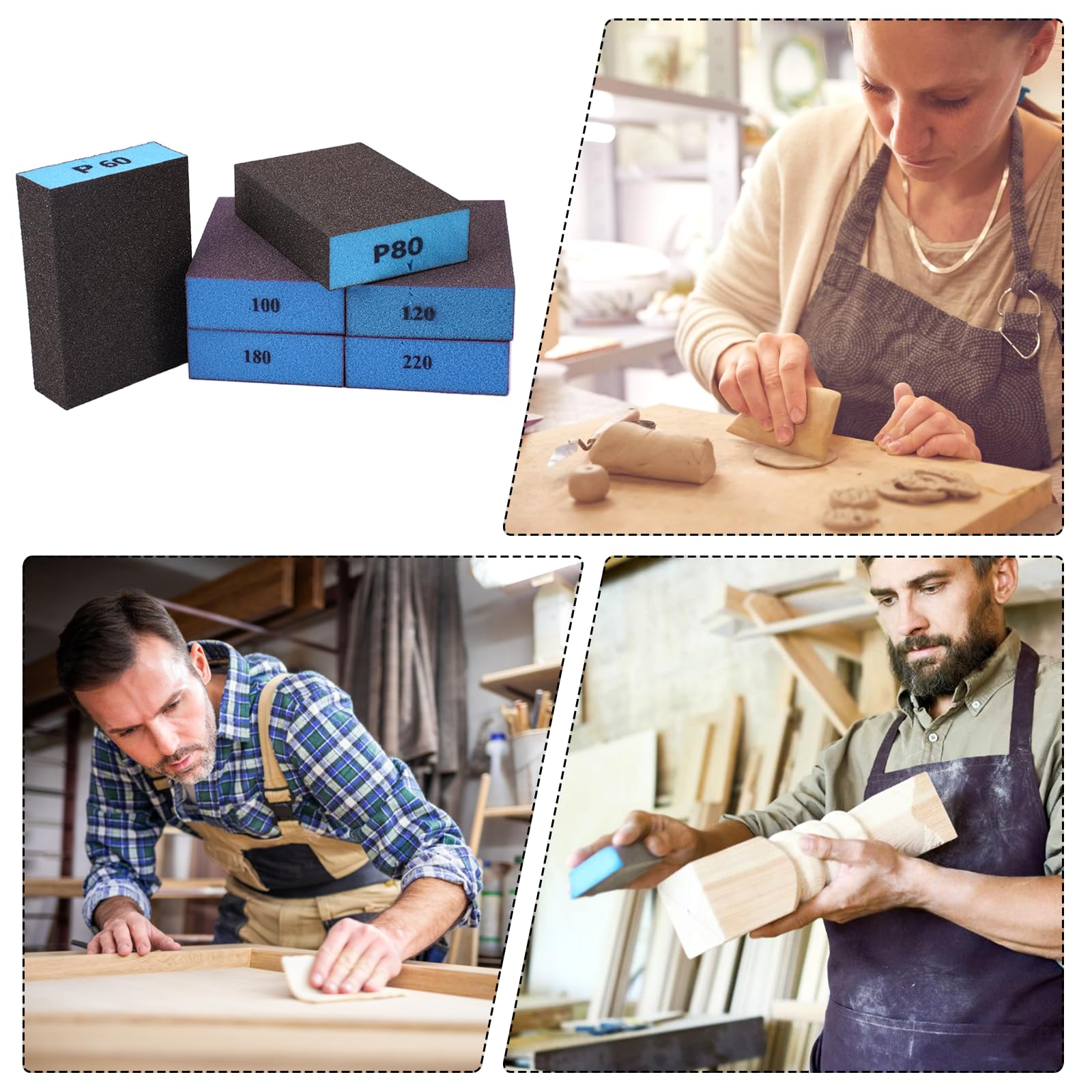 Kit 6 Spugne Abrasive Con Grana 60/80/100/120/180/220 - Lavabili E Riutilizzabili Per Legno, Metallo, Vernice E Pareti - Dimensioni 7x10x2.5cm