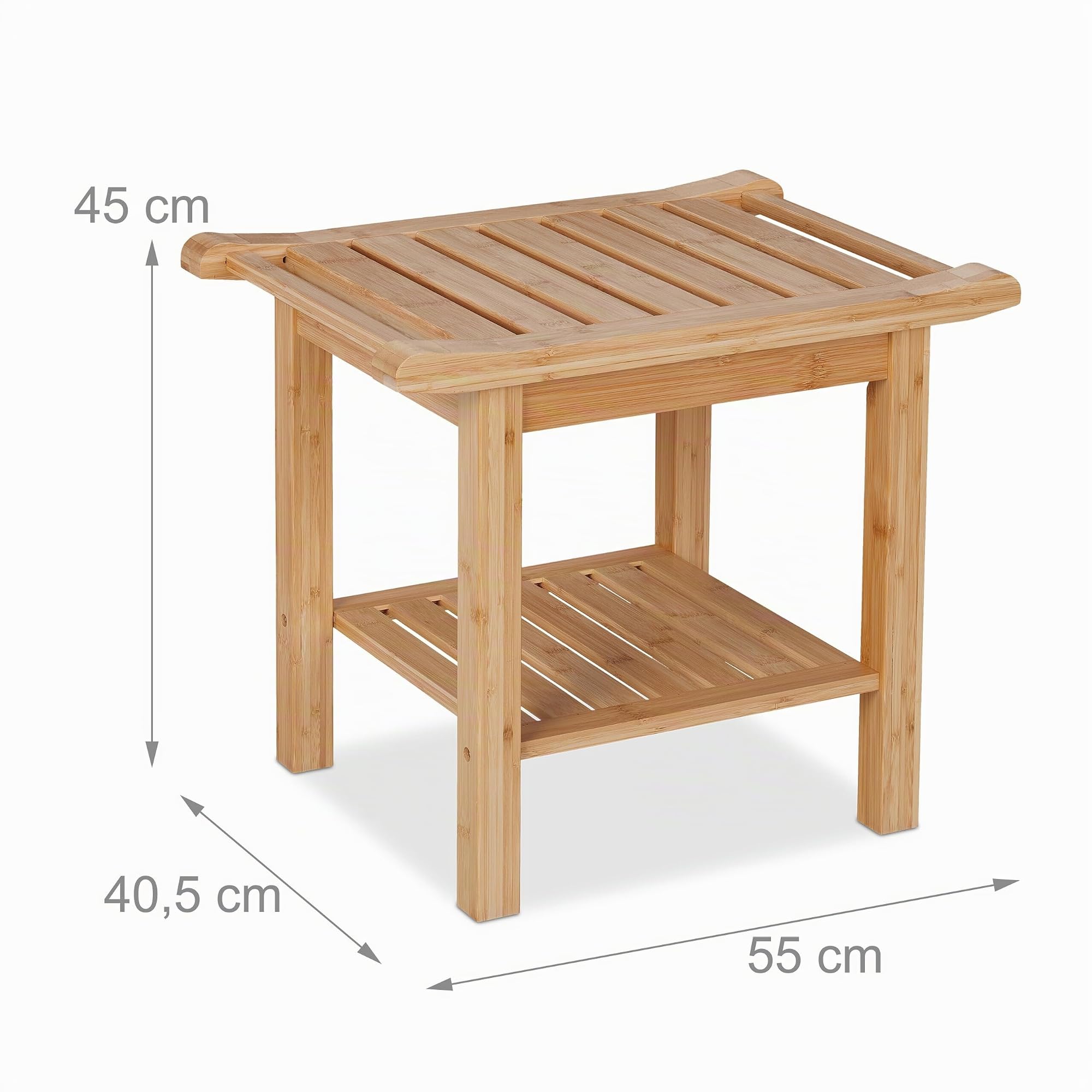 Relaxdays Banco Baño Bambú, Taburete con Balda Adicional y Asas, Banqueta Cocina o Pasillo, 45 x 55 x 40,5 cm, Natural