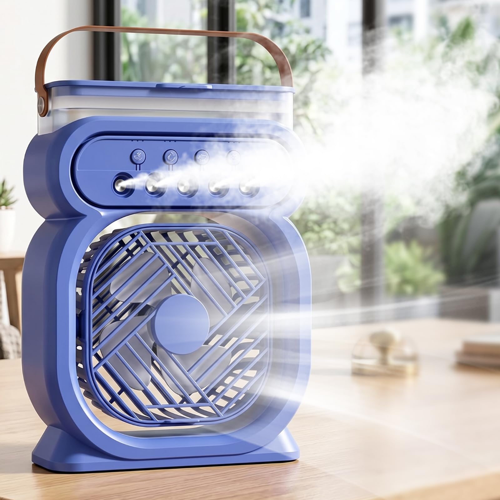 Camping Fan with Misting,Water Mist Fan,Portable Rechargeable Battery Fan,450mL Water Tank, LED Light, Hook for Tent,3 Speeds Quite Mist Water Spray Fans for Home Office Camping Patio (Blue)