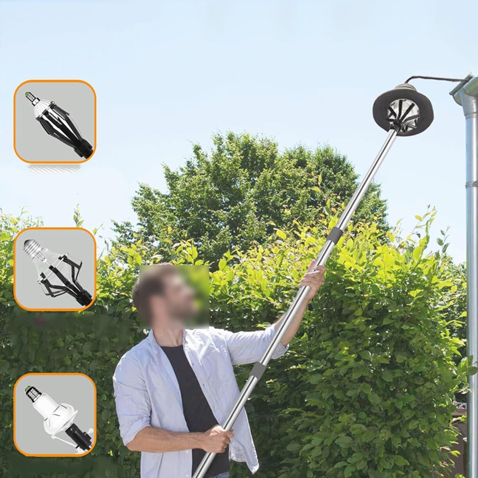 Strumento per cambiare lampadina con 3 teste, asta estensibile in acciaio inossidabile per soffitti alti, kit di rimozione della lampada per interni ed esterni, regolabile 150-360 cm (asta a