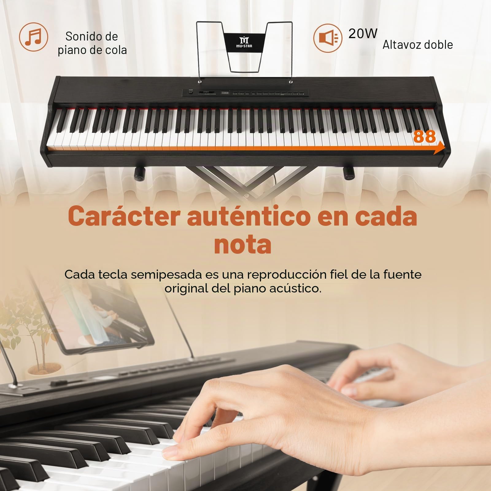 MUSTAR Piano digital 88 teclas semi-pesadas con soporte, tamaño completo 88 teclas, piano principiante, piano electrónico portátil, con conexión inalámbrica, maleta, pedal de sustain, negro