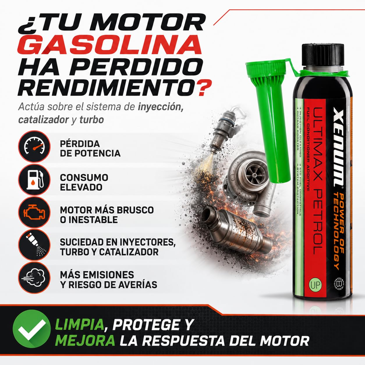 Genérico Xenum Ultimax Petrol Conditioner 350 ml – Aditivo Multifuncional para Gasolina, Limpia Sistema de Inyección, Catalizador y Turbo, Aumenta Octanaje, Reduce Consumo y Emisiones