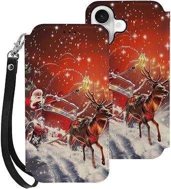 Flip Wallet Case for iPhone 16 Case with Wrist Strap, Christmas Santa Claus Prints PU Leather Shockproof Phone Case Cover with Card Holder & Kickstand