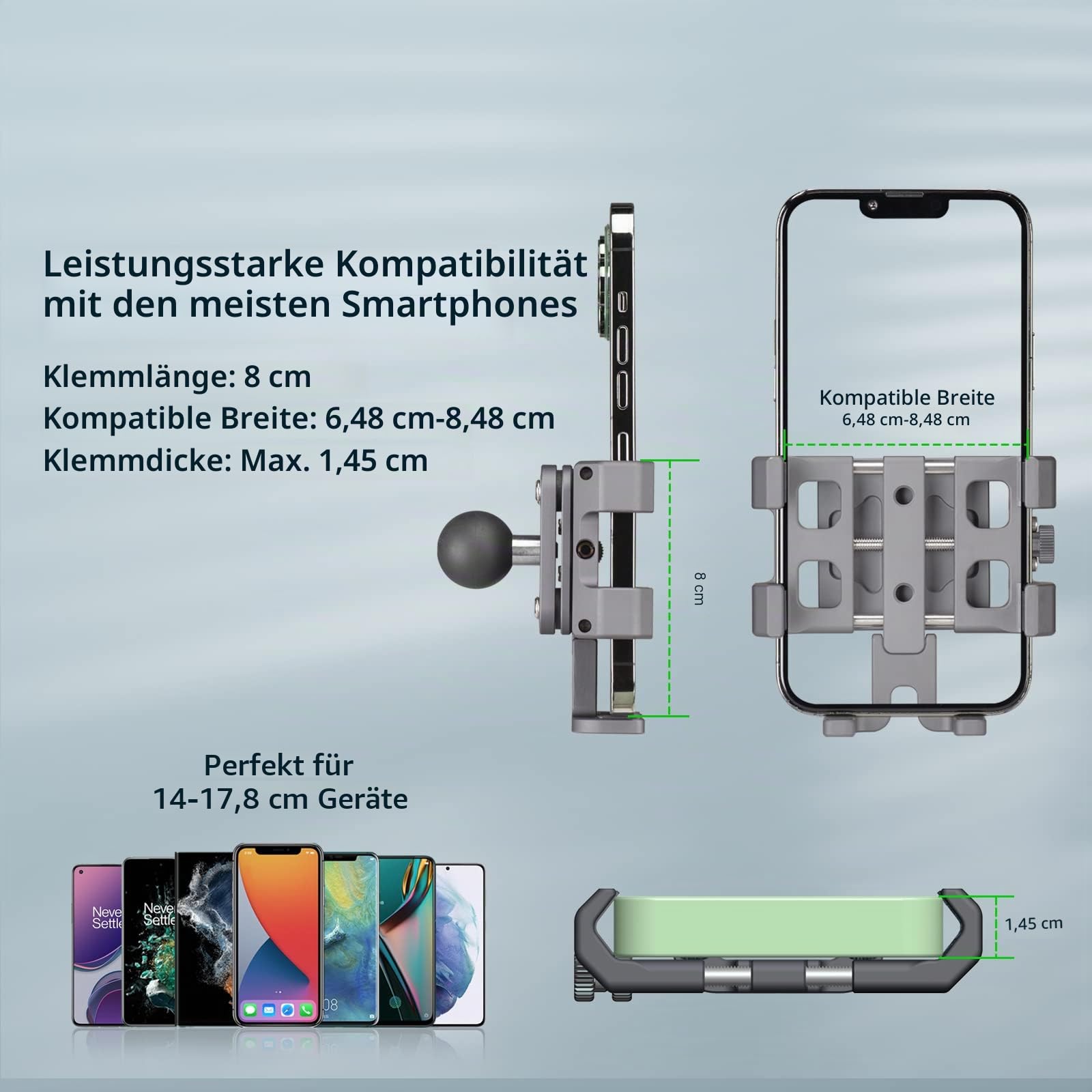 FANAUE Handyhalterung mit 2,5 cm Kugel, kompatibel mit RAM-Halterungen, B-Größe, Doppelbuchsenarm und Fahrrad-Handyhalterung aus Aluminiumlegierung, geeignet für 14-17,8 cm Smartphones mit