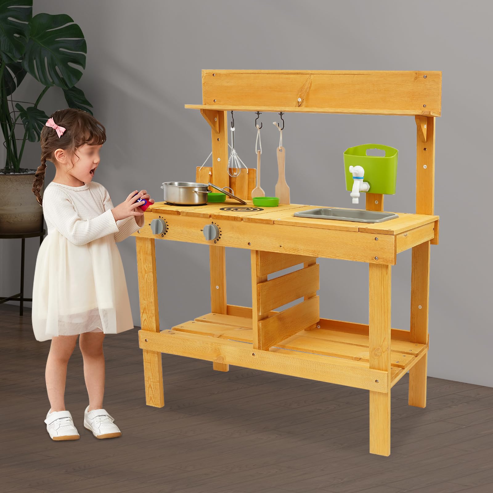 Matschküche Kinder Outdoor Holz Spielküche mit Echtem Waschbecken Küchenzubehör, Gartenspielzeug mit Wasserspender und Töpfen, Mud Kitchen für Gießen Sensorisches Spielen, Montessori Lernspielzeug