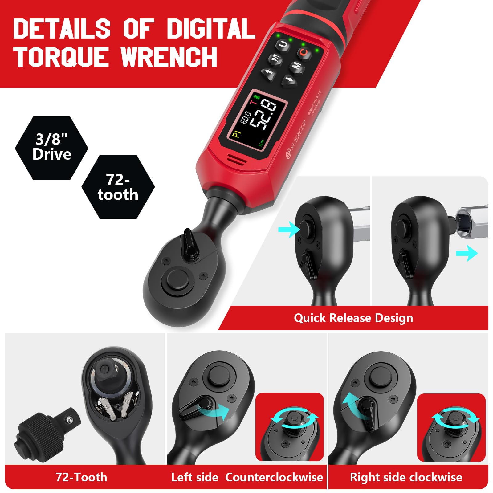 SUERCUP Llave dinamométrica digital de 3/8 pulgadas, 0,9-60 N.m, con vibración, zumbador, notificación LED y cinco unidades de medida, para bicicleta, bricolaje