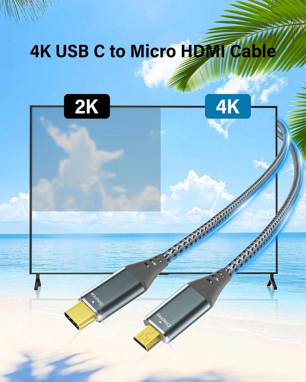 RUIZHI Cable USB C a Micro HDMI de 6 pies, 4K a 60 Hz 18 Gbps adaptador trenzado de nailon