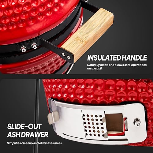 Miniatura 2 de ROVSUN Parrilla de carbón de cerámica esférica roja de 13 pulgadas con forro interior, ahumador portátil para cocinar al aire libre, acampar y asar