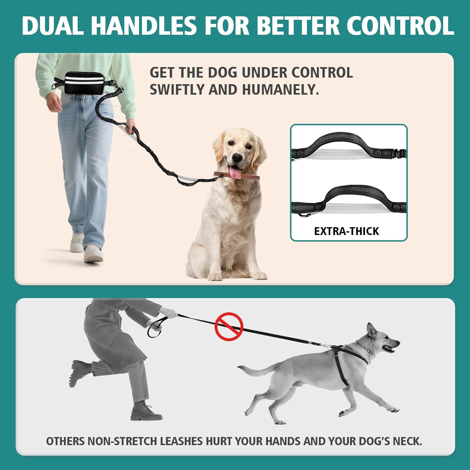 Hands Free Dog Leash for 2 Dogs with Safety Lock and Extra-Thick Waist Belt, Waist Leash for Dog Walking Running, Double Retractable Dog Leashes for Two Dogs with Double Padded Handles, Black