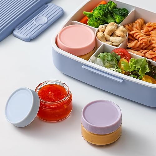 Miniatura 4 de AOZITA Recipientes de vidrio para aderezo de ensalada, paquete de 6 tazas de condimentos con tapas, tazas de salsa reutilizables a prueba de fugas