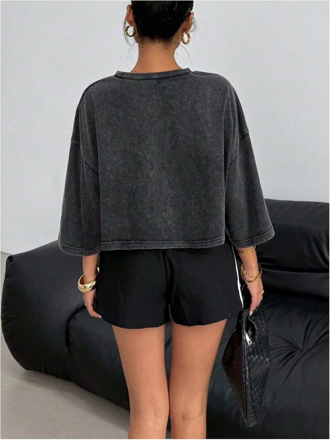 Women's 3/4 Sleeve Oversized Tshirts Vintage Washed Crew Neck Loose Fit Crop Tops - Image 4