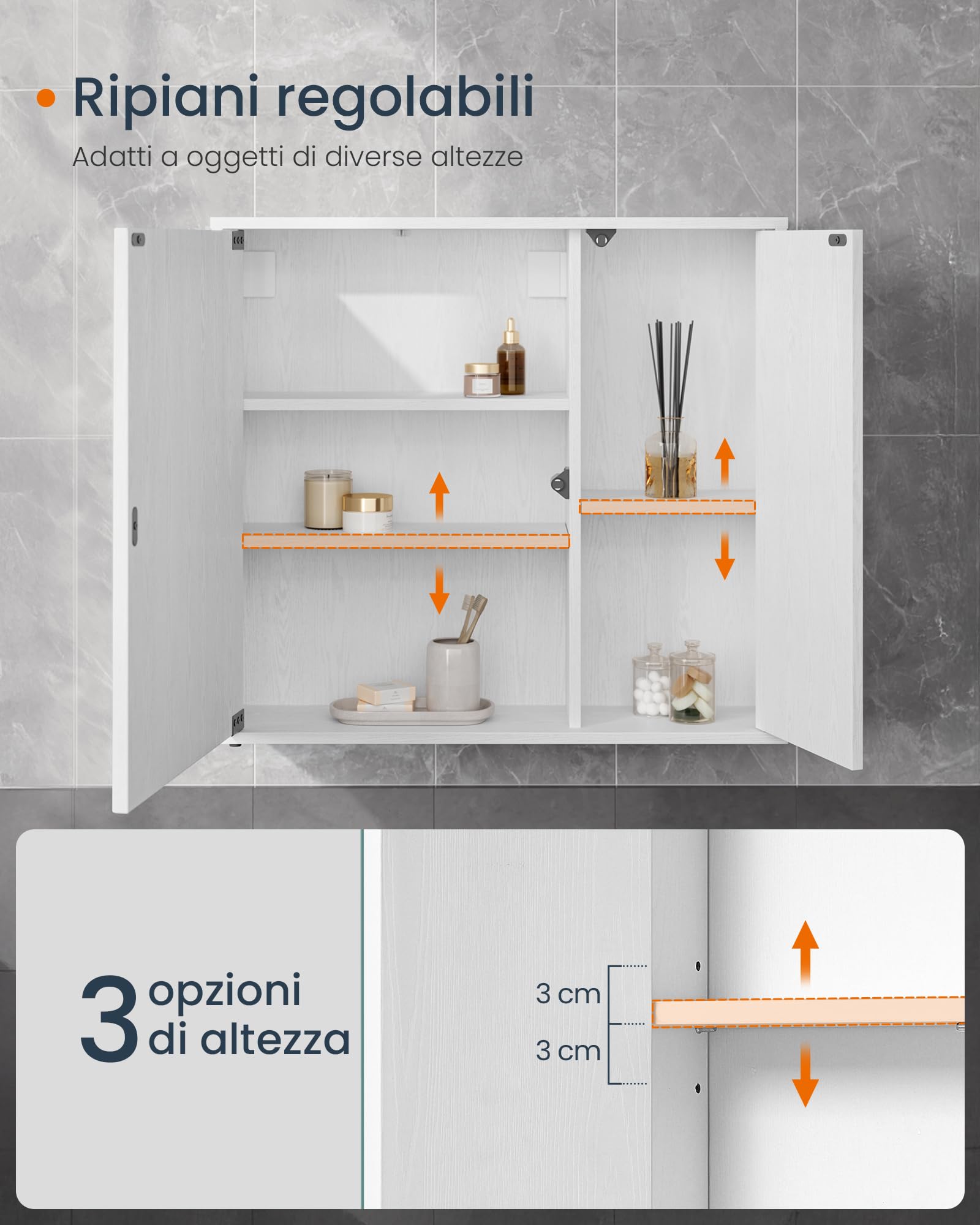 SONGMICS HOME Mobiletto da Bagno con Specchio, Snapsemble Montaggio Rapido, Specchio con Vano Contenitore, Ripiani Regolabili e Ante, Moderno, 15 x 60 x 55 cm, Bianco Neve BBC114WE01