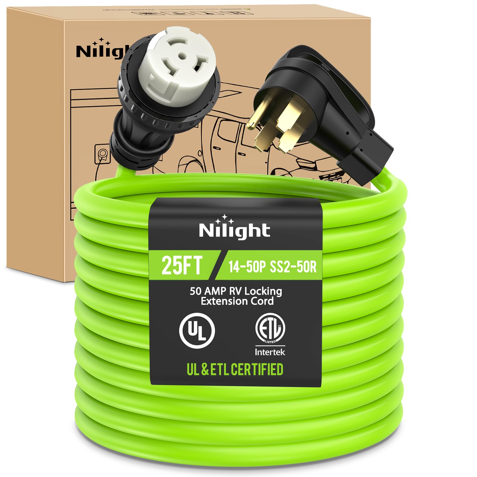 Nilight 25FT 50 Amp RV Locking Extension Cord 6/3+8/1 Gauge 14-50P SS2-50R