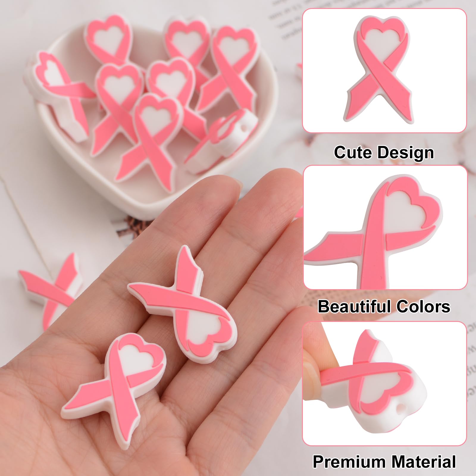 URROMA Lot De 35 Perles En Silicone Avec Ruban Rose Pour La