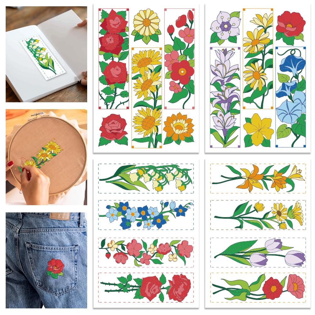 GLOBLELAND 4 Sheets Flowers Bookmarks Colorful Water Soluble Hand Sewing Stabilizers Floral Plants Wash Away Embroidery Stabilizer Embroidery Stitch Practice for Embroidery Beginners Lovers