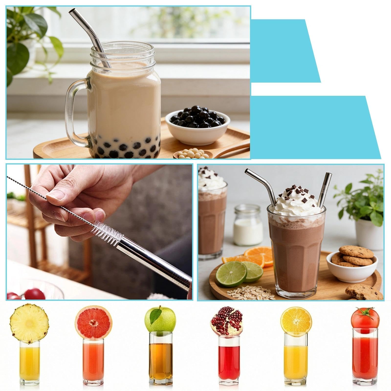 8 Piezas Pajitas Reutilizables, Pajitas de Acero Inoxidable con 2 Cepillos de Limpieza 4 Rectas y 4 Curvas para Lavavajillas para Bubble tea Batidos y Bebidas Calientes