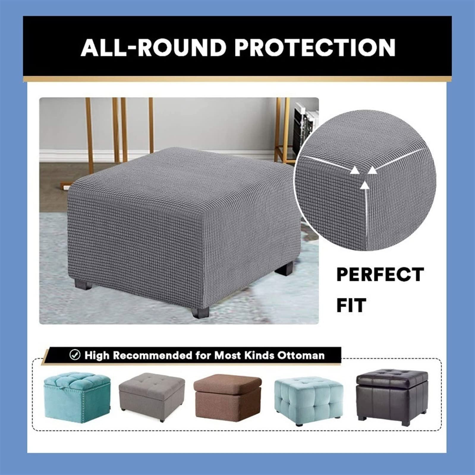 Housse Extensible Pour Pouf Carré 35x35 à 45x45 - Lavable En Machine, Fond élastique (gris, Taille S) - 11