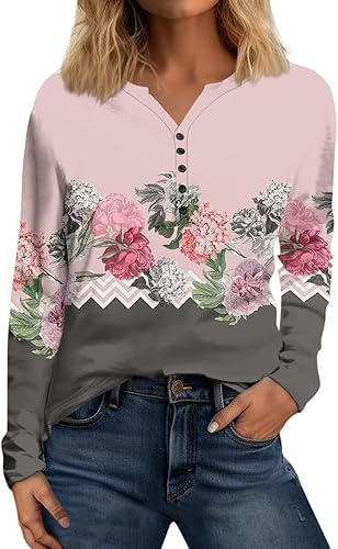 Sweatshirt for Women Long Sleeve V Neck Pullover Tops Printing Button Down Sweatshirts Casual Loose T Shirt