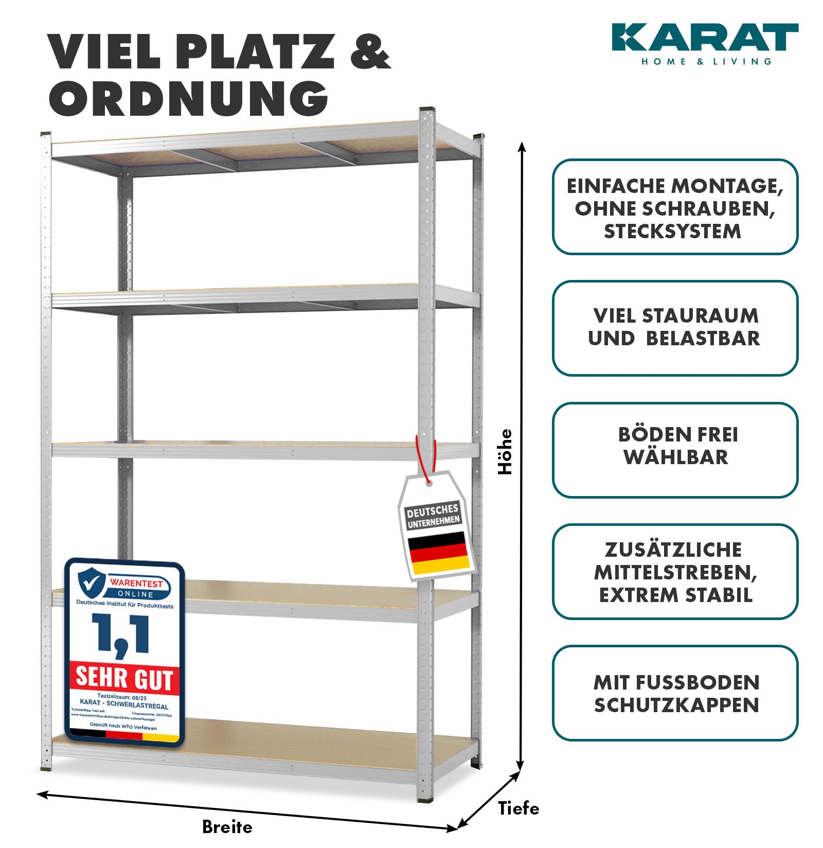 KARAT Schwerlastregal, 180 x 90 x 60 cm Steckregal, Kellerregal, Lagerregal, Metallregal - aus Stahl Metall - 5 verstellbare Böden (Verzinkt)