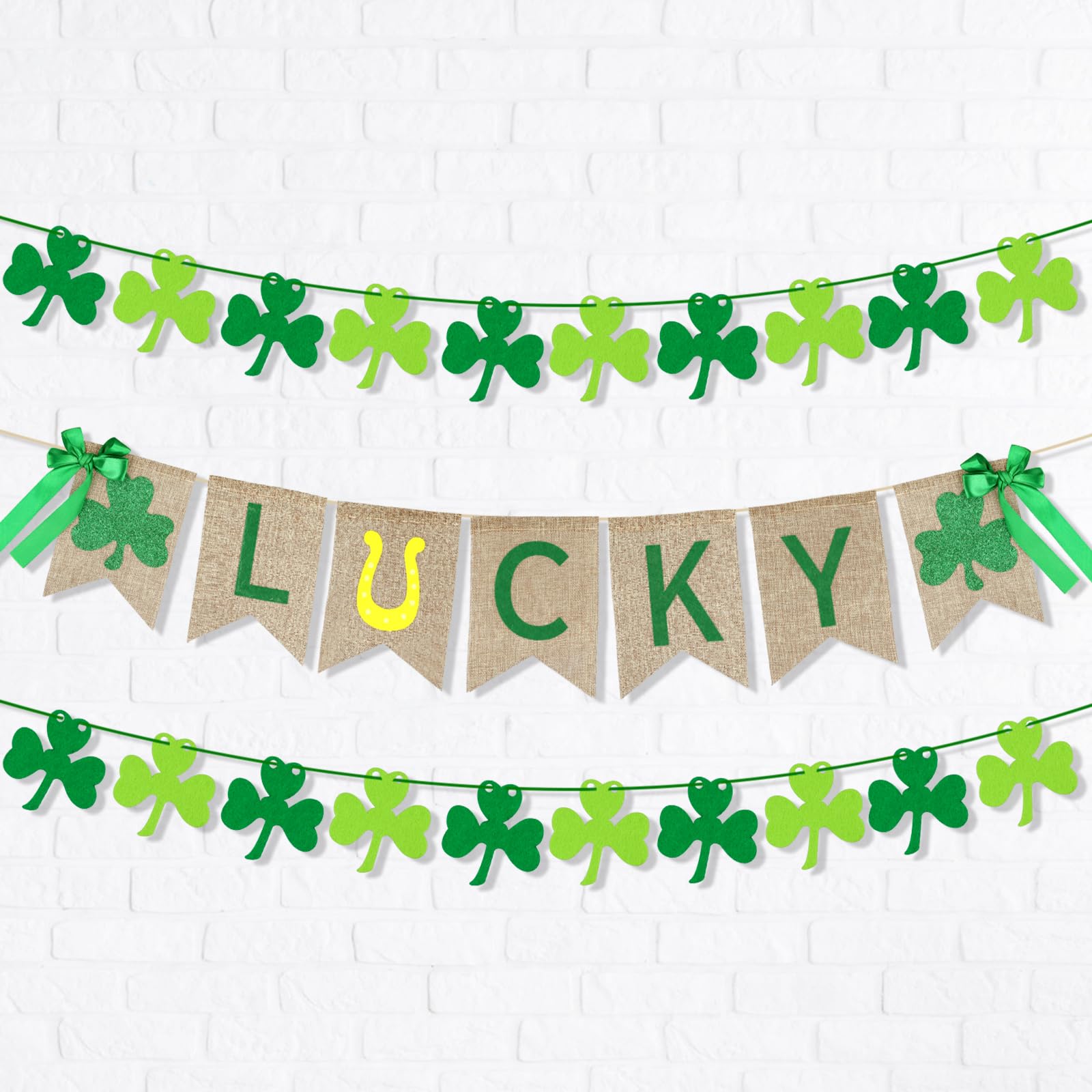 3pcs St. Patrick's Day Banner, Felt Shamrock Garland Burlap LUCKY Banner St Patricks Day Bunting Shamrock Banner St. Patrick's Day Decorations for Irish Lucky Day Party Supplies
