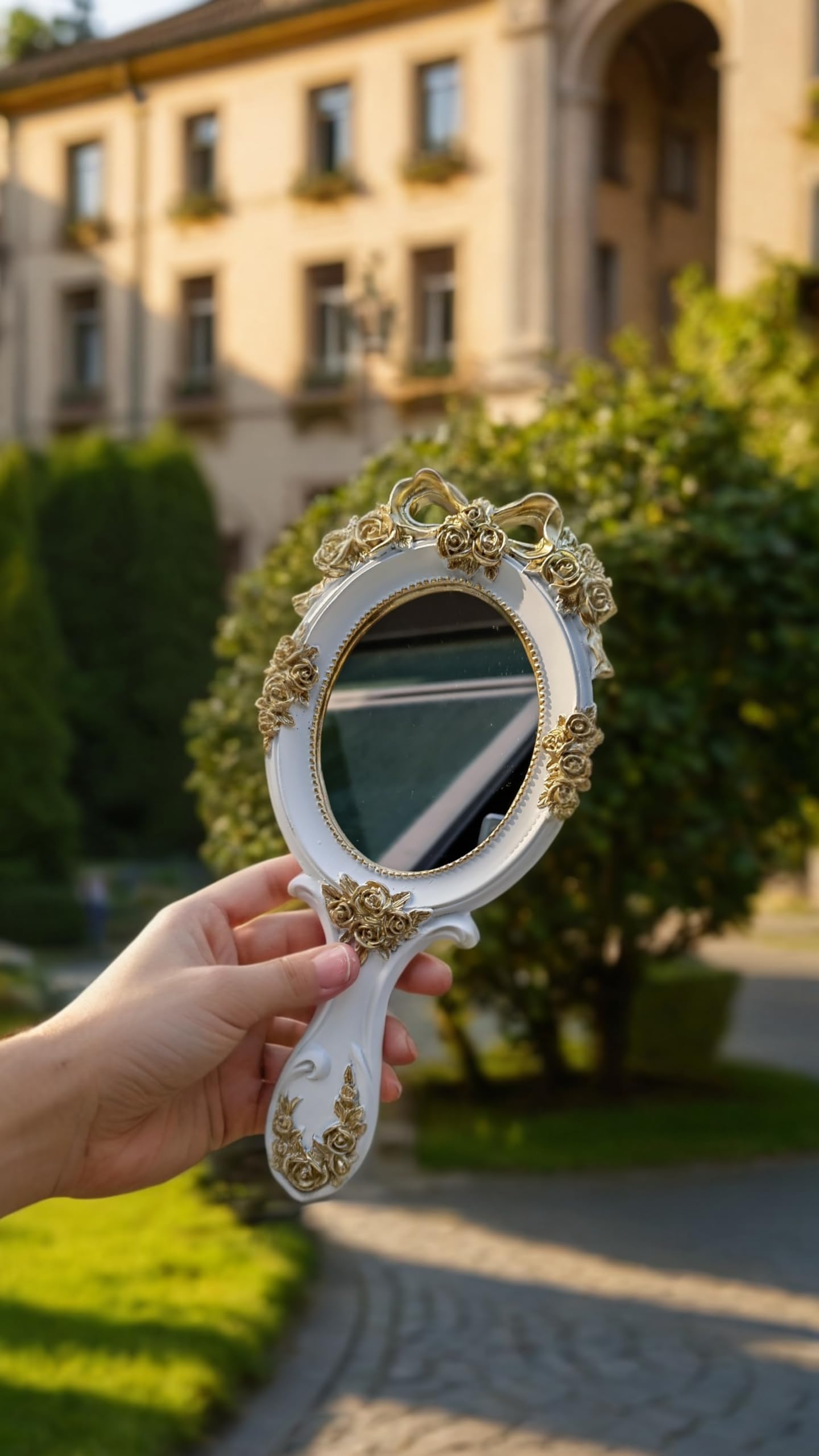 Sweet seven Embossed Flower Vintage Handheld Mirror - Cute White Vanity and Makeup Mirror