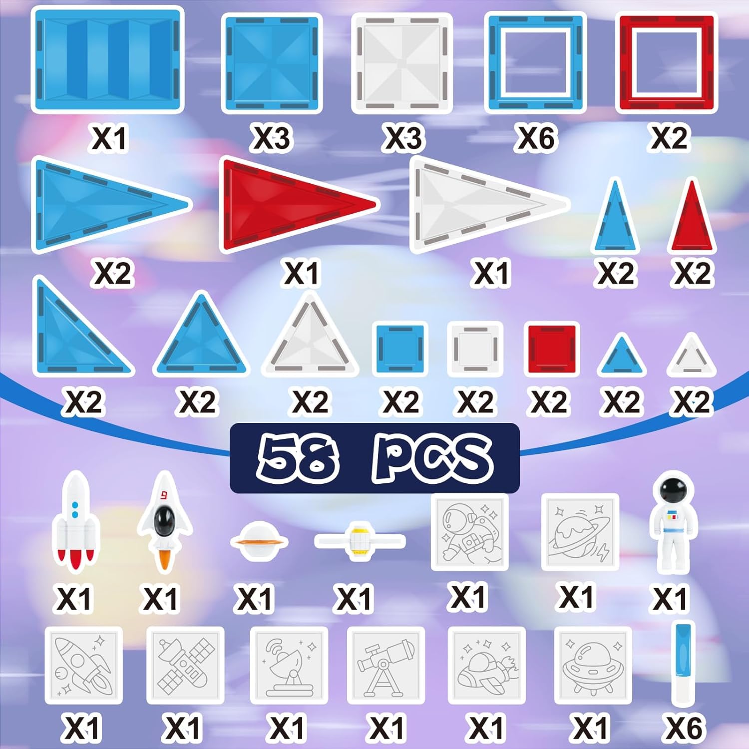 Juego de 58 azulejos magnéticos, bloques de construcción magnéticos, bloques de construcción con imágenes para ventanas y colores de gel, azulejos magnéticos 3D STEM juguetes educativos para