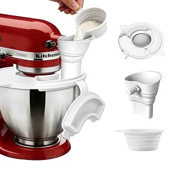 Flour Funnel for Kitchen Aid Mixer Flour Funnel for Stand Mixer 3-in-1 Accessory Set with Splash Guard Lid & Measuring Cup for 4.5-5 Qt Tilt-Head Mixers Food-Grade Silicone 3 in 1