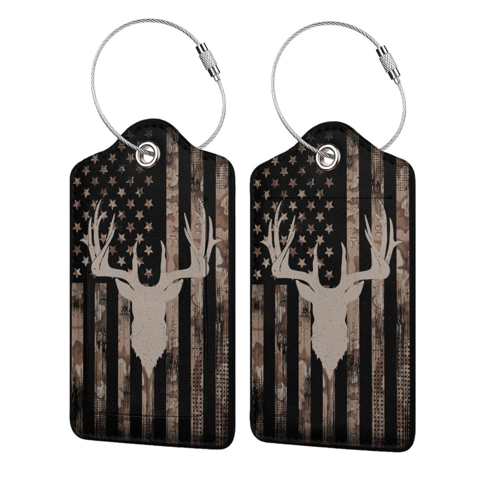 Camo Deer Hunting 2 Pcs Luggage Tags, Privacy Cover Id Label with Stainless Steel Loop and Address Card for Suitcases & Travel Bags
