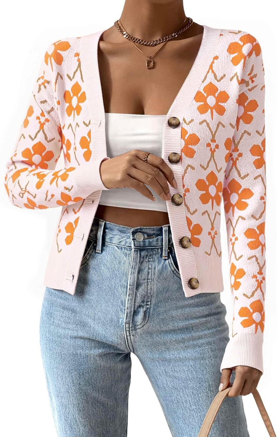 Allegra K Floral Cardigan Sweaters for Women Open Front V Neck Button Down Long Sleeve Knit Sweater Outerwear