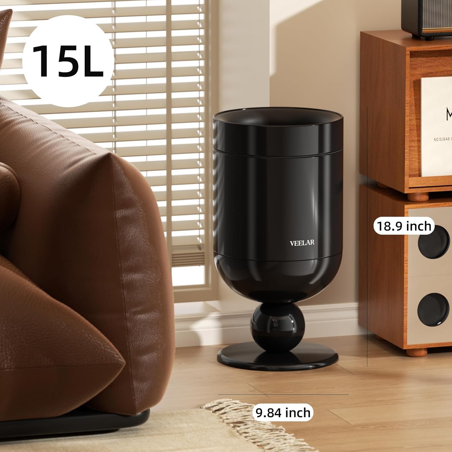 Bathroom Metal Trash Can, 4 Gallon (15 L) Garbage Can Lid-Free, Trash Bin for Bedroom, Office, Living Room (Black, Top Open)