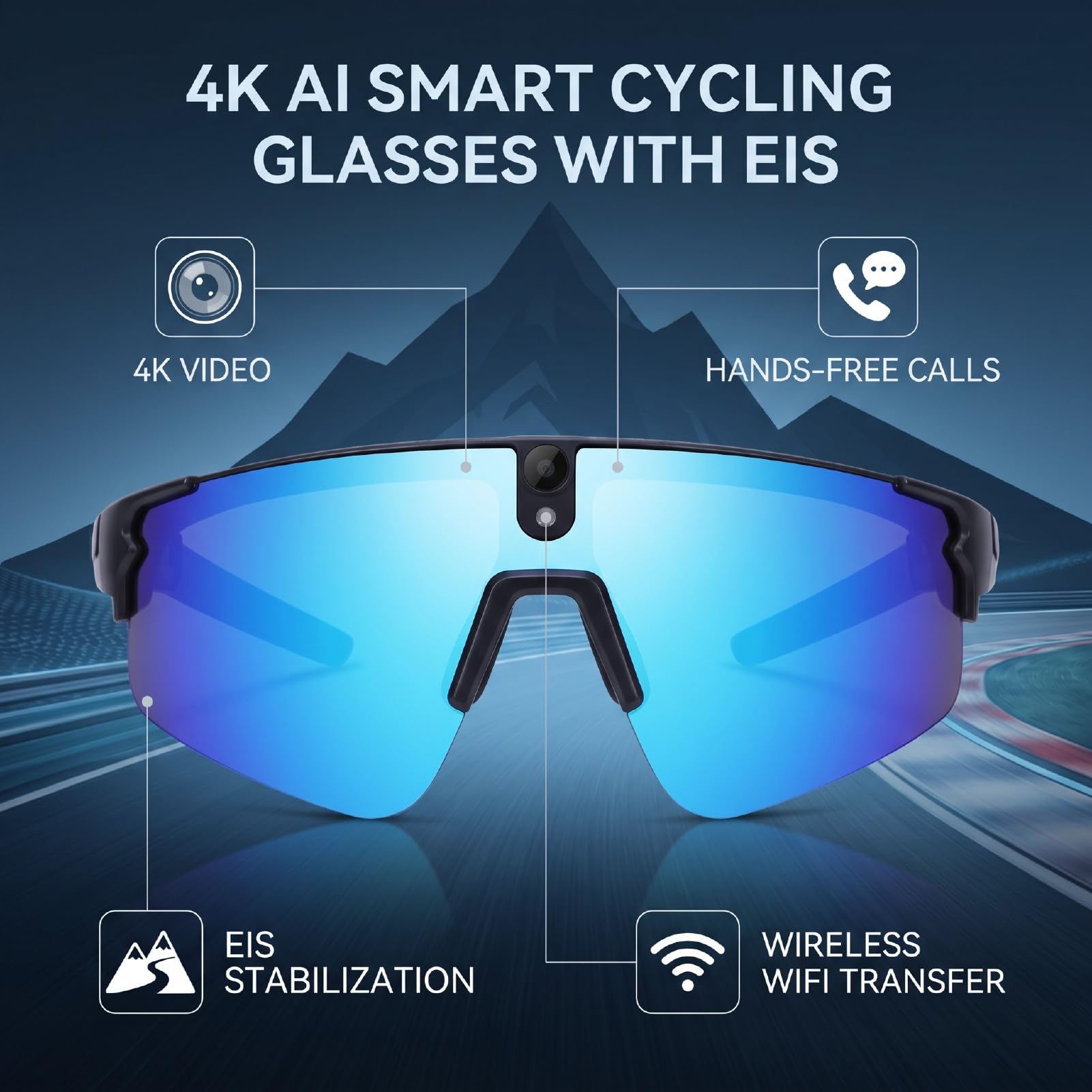 Naroote Occhiali da Ciclismo Intelligenti 4K AI, Occhiali Bluetooth in ABS PC for Ciclismo e attività All'aperto (Blu)