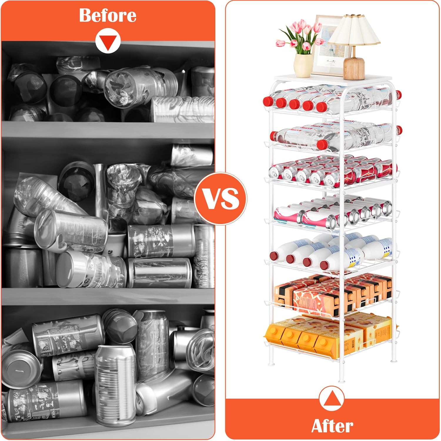 smusei Water Bottle Organizer 7 Tier Free Standing Bottled Water Storage Rack Metal Wire Water Bottle Holder Rack Large Capacity Soda Beverage Drink Stand Shelf for Pantry Kitchen Office, White