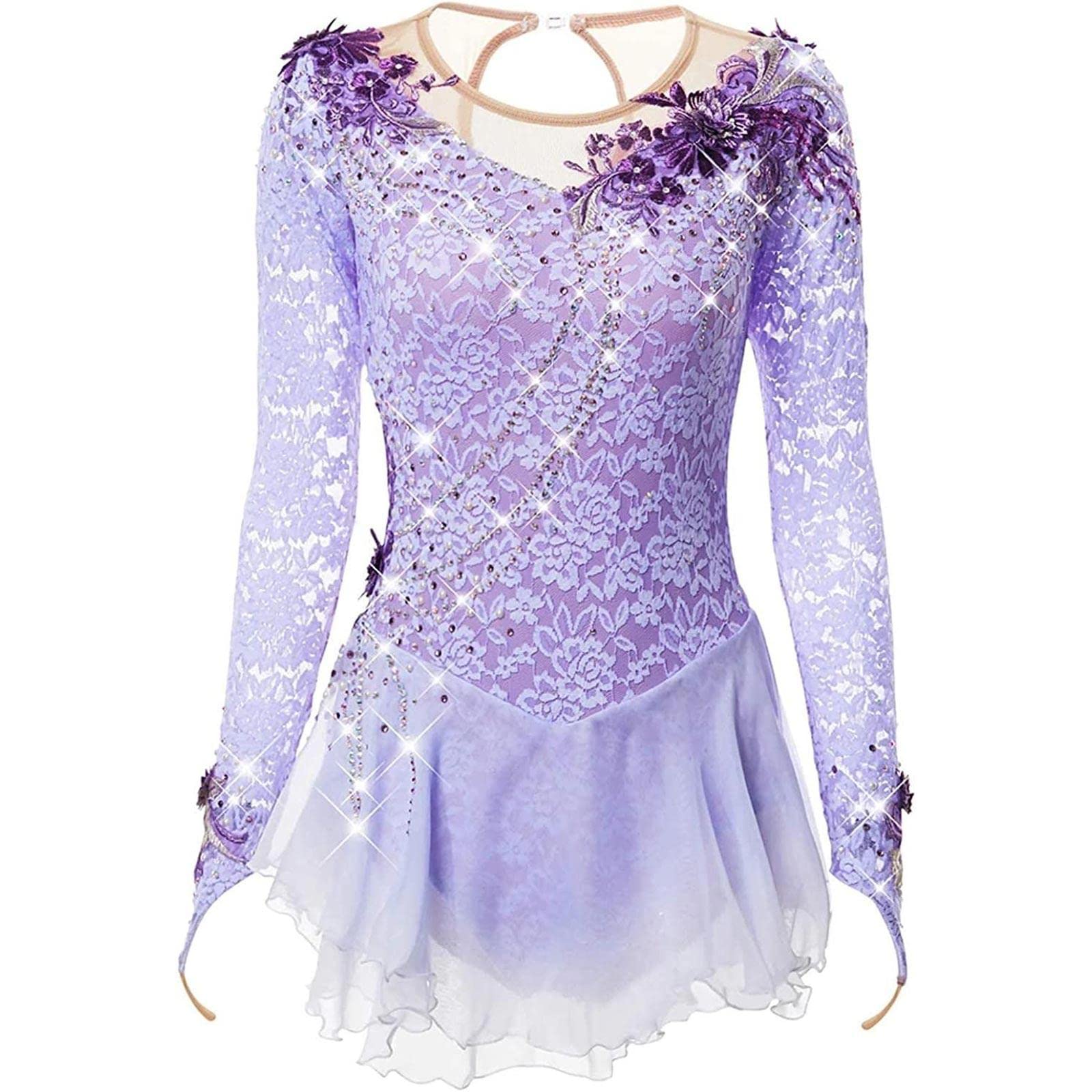ZEDDG Ragazze Donne Abito da Pattinaggio Artistico Professionale Body da Ginnastica Vestito da Pattinaggio Artistico Costume da Gara di Pattinaggio,Elasticizzato,Fatto a Mano,Purple-M