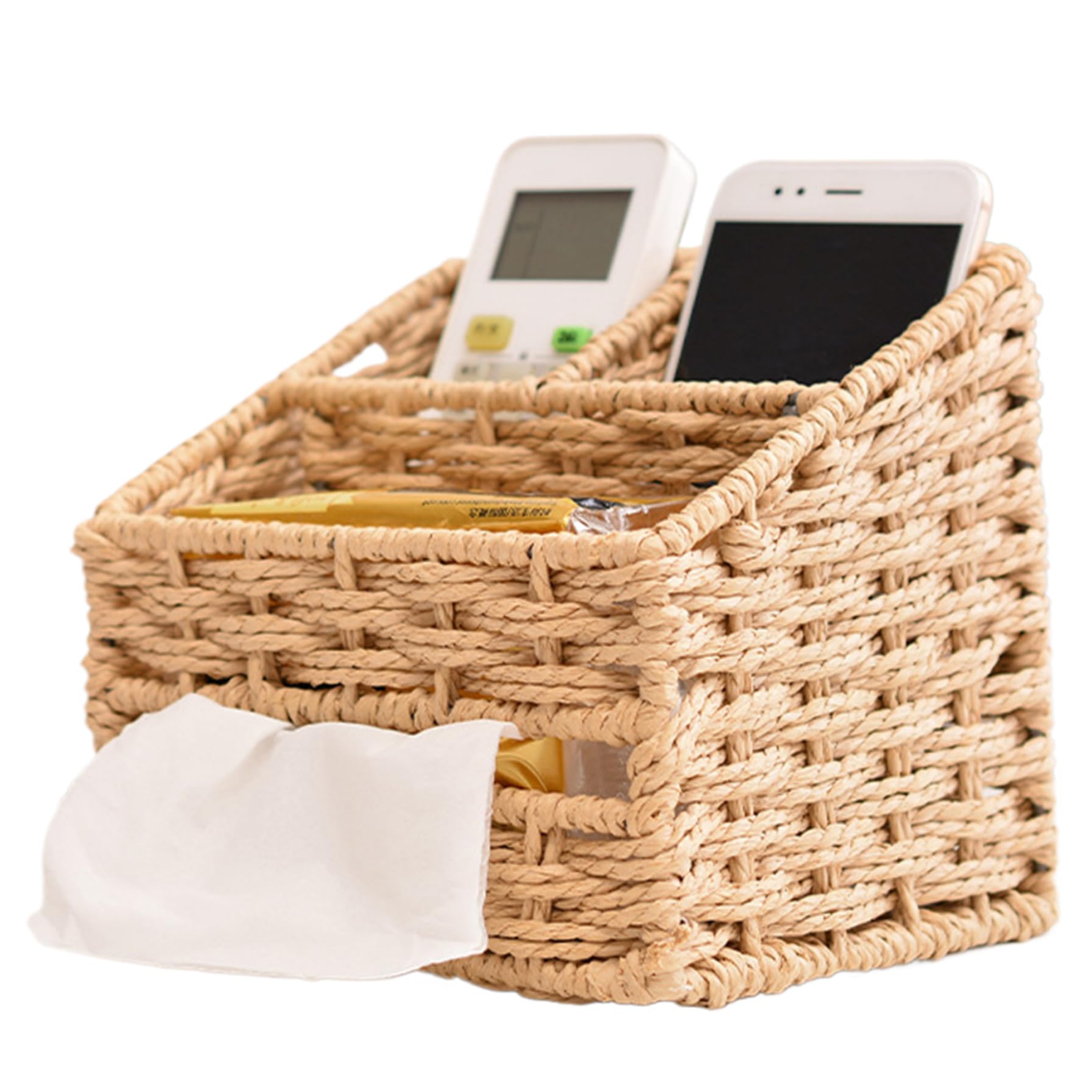 Vervevum Wicker Storage Basket 3 Compartments Woven Basket Multipurpose Tissue Box Dispenser Bathroom Storage Small Baskets for Organizing Office, Living Room, Bedroom, Woven