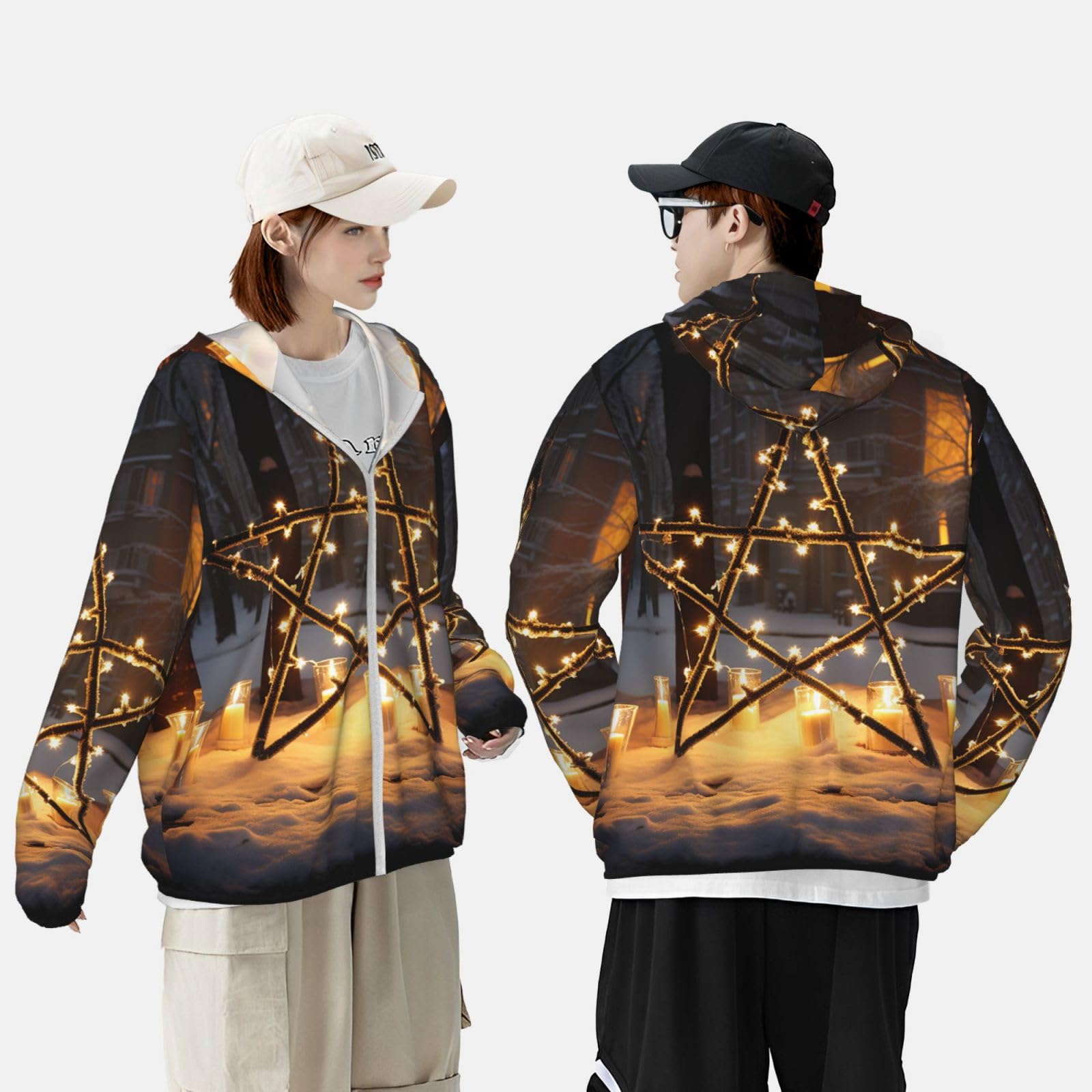 NONHAI Men's Sun Protection Jacket UPF 50+ Full Zipper Long Sleeve UV Hoodie Shirt Merry Christmas Star Women's Outdoor Jacket Black