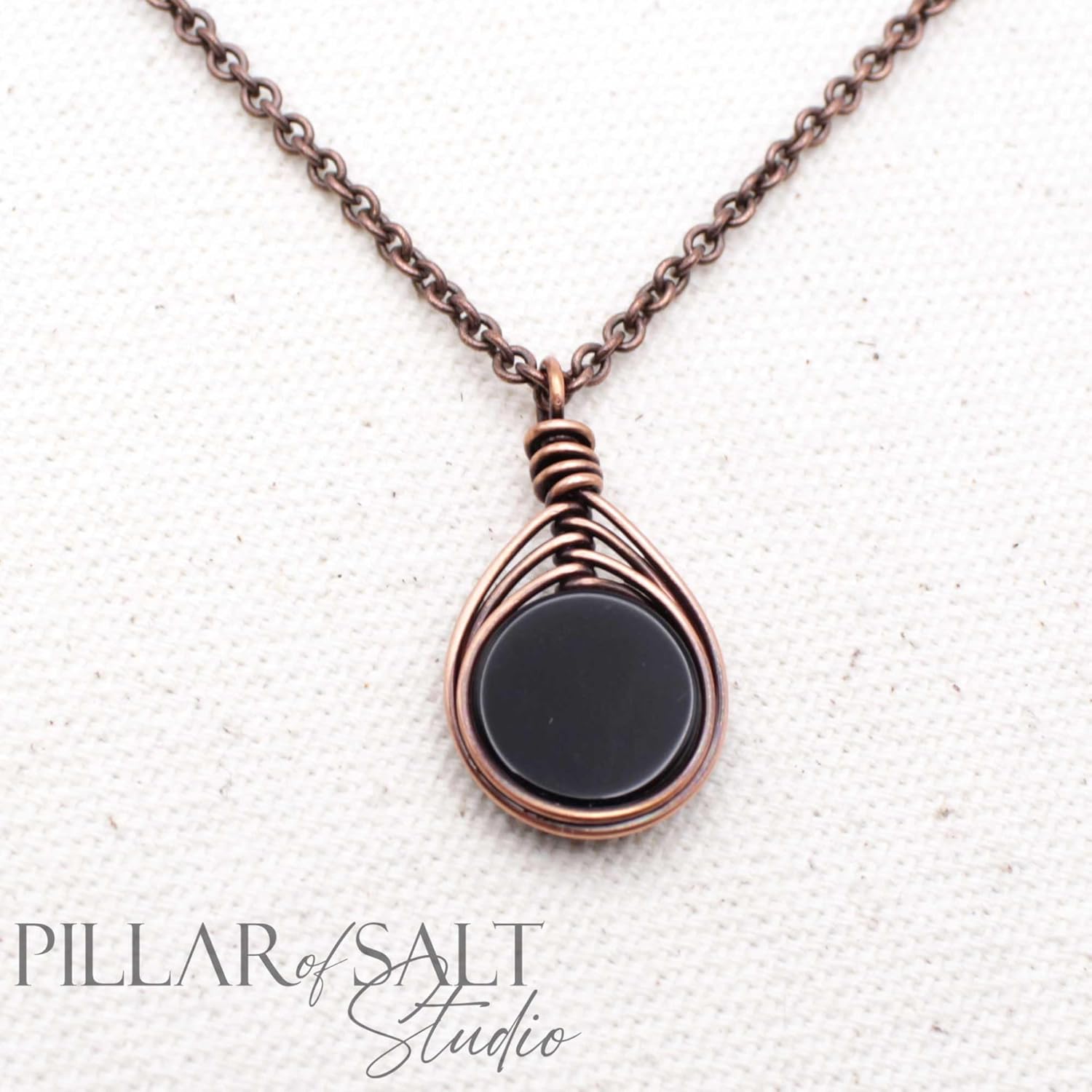 Pillar of Salt Studio Handcrafted Black Onyx Gemstone Copper Wire Wrapped 1" Pendant Necklace (18" Chain) - Image 7