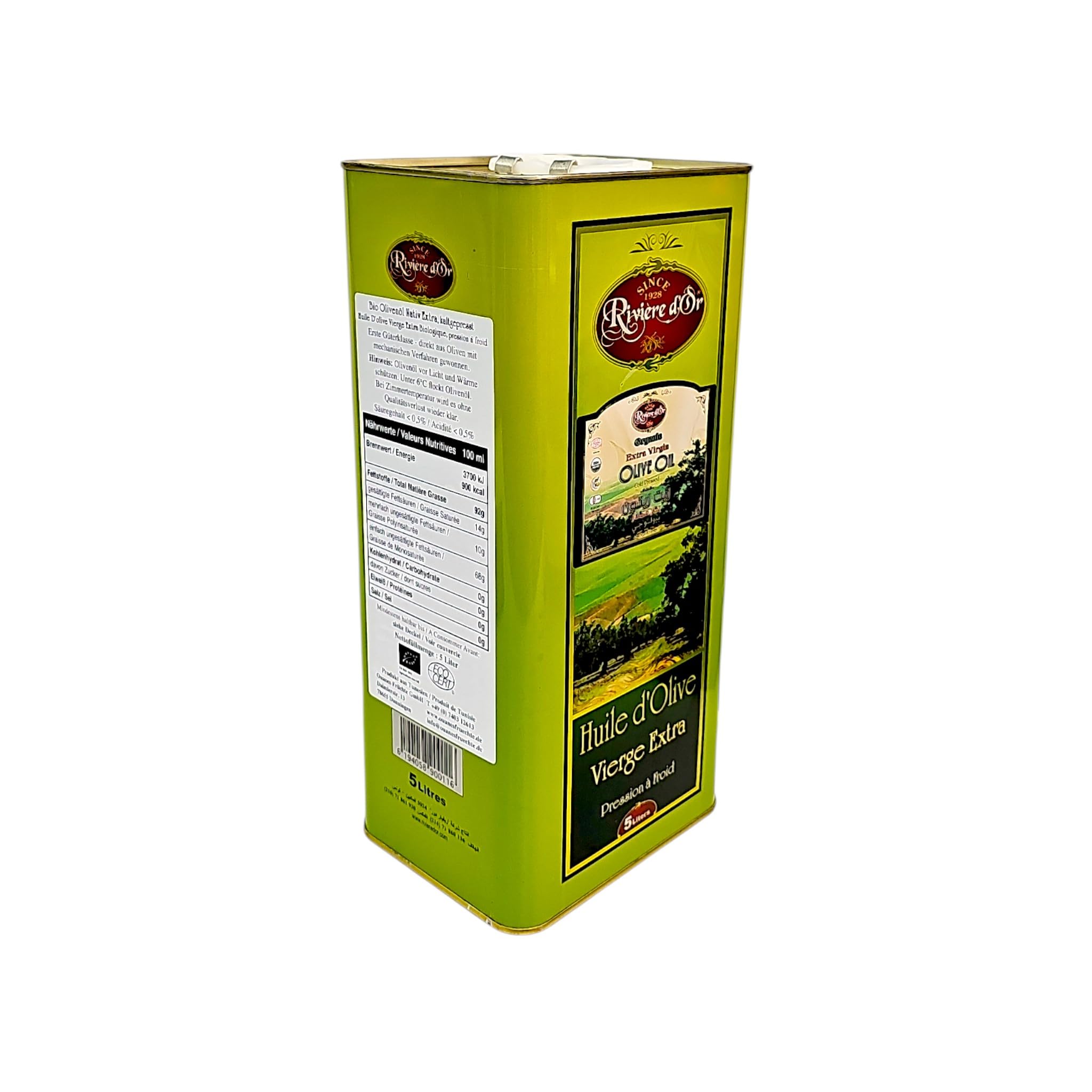Rivière D'Or Natives Olivenöl Extra [5L] - Reich an Polyphenolen - Mild & Fruchtig - Traditionelle Herstellung in Tunesien - Kaltgepresst direkt nach Ernte - Praktischer Kanister mit Ausgießer