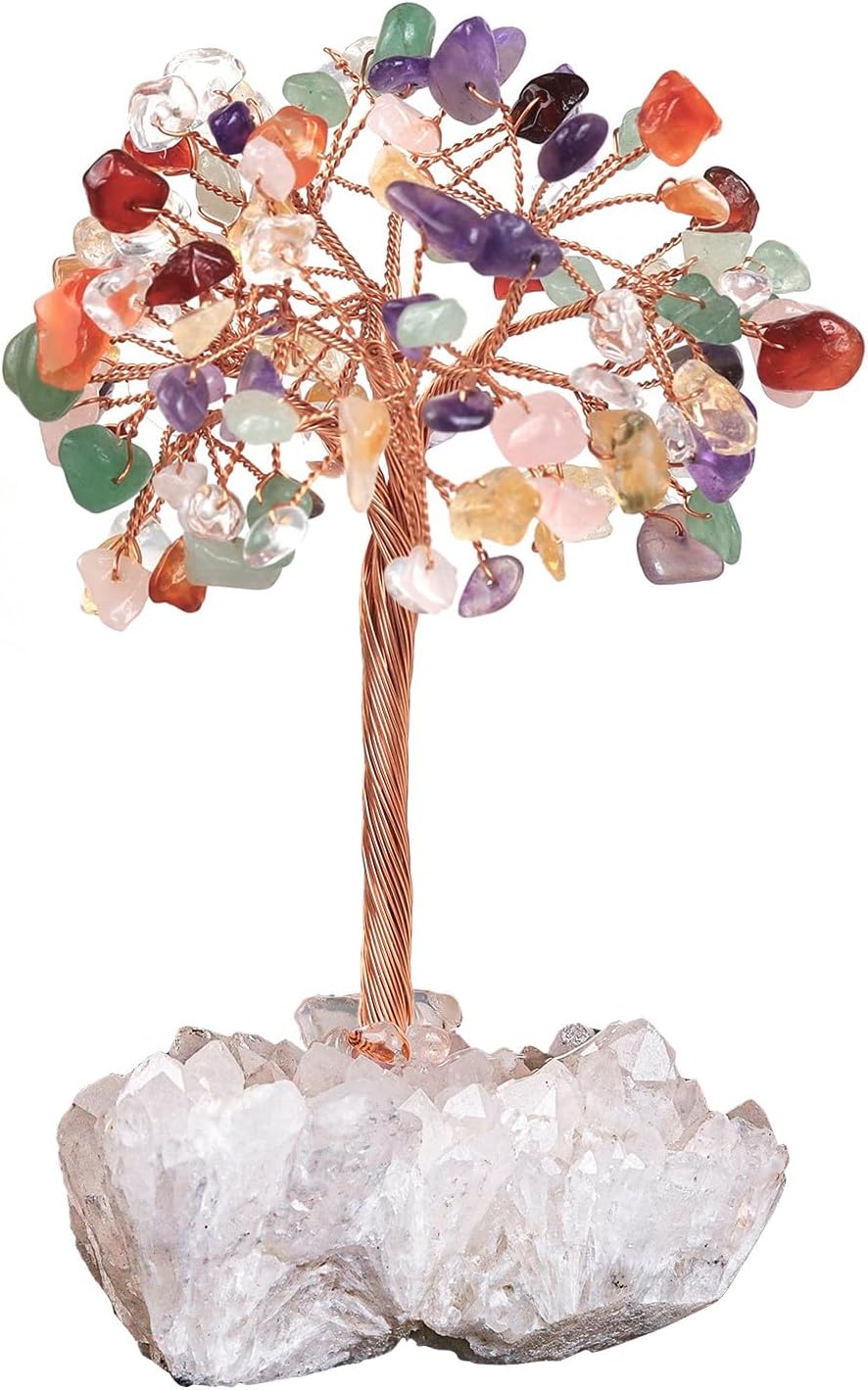 Healing Amethyst & Rose Quartz & Aquamarine Crystal Tree on Raw Rock Crystal Cluster Base for Home Office Decor, Handmade Feng Shui Stone Money Tree Bonsai for Wealth and Good Luck