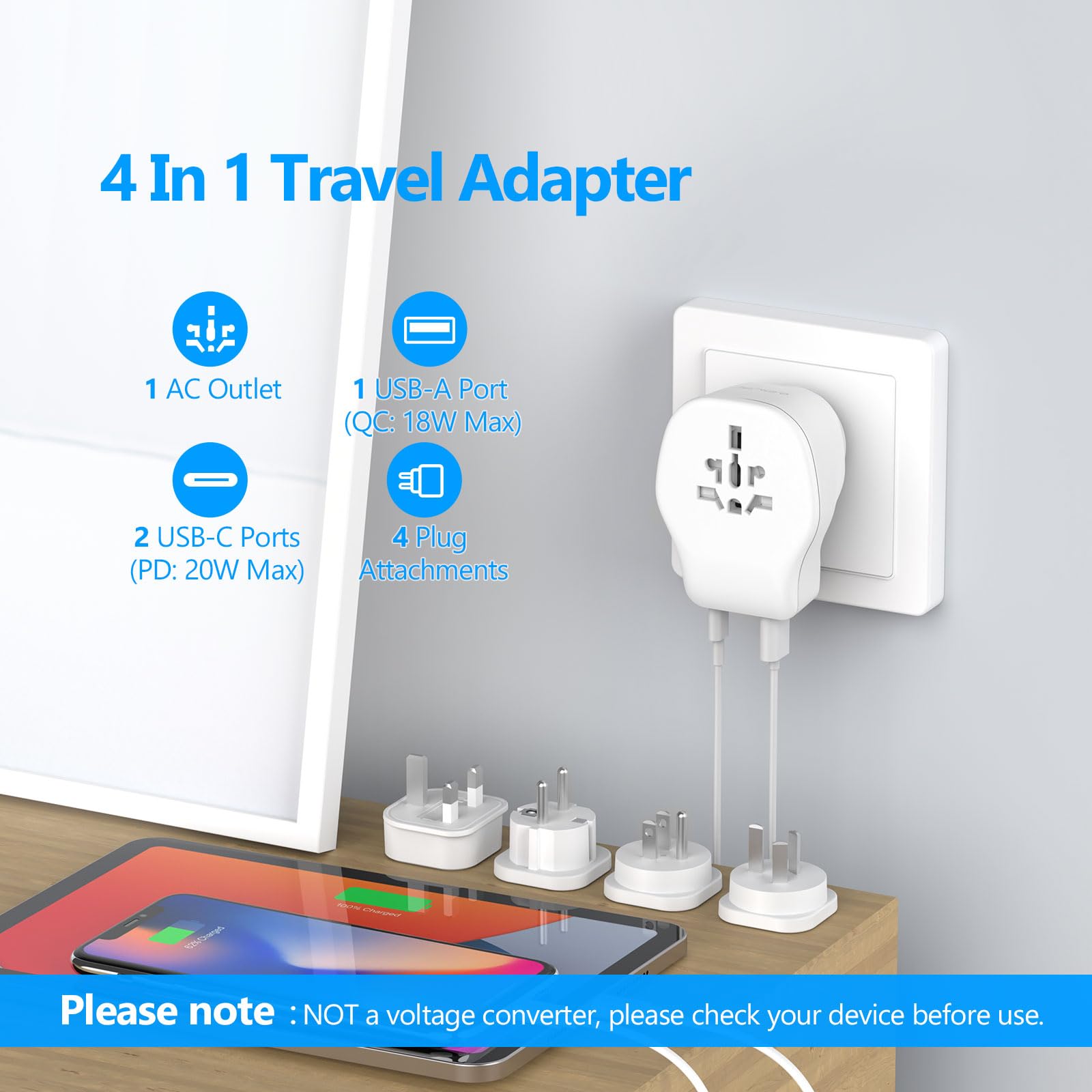 Adattatore Da Viaggio Internazionale Con 2 USB-C E 2 USB-A - Spina UK, Per Sudafrica, Giappone, India, USA, Australia, Compatto E Sicuro