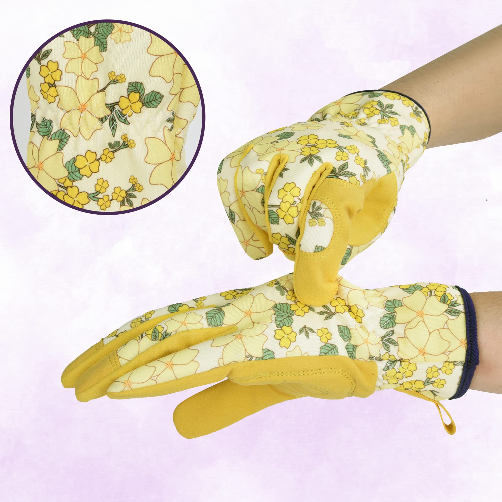 Damen-Gartenhandschuhe, Leder-Gartenhandschuh für Damen, dornensicher, kein Stich zum Graben, Pflanzen, Beschneiden (Größe L, Gelb)