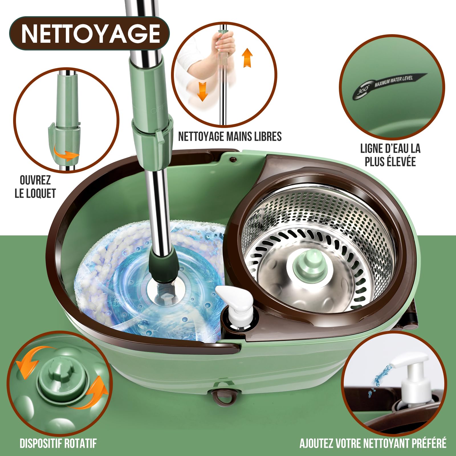 Myiosus Balai Serpillère Essoreur avec Seau, Balai Serpillere Rotatif 360°, Poignée en Acier INOX pour Nettoyage Sol - 5 Tête Réutilisable en Microfibre (Vert)