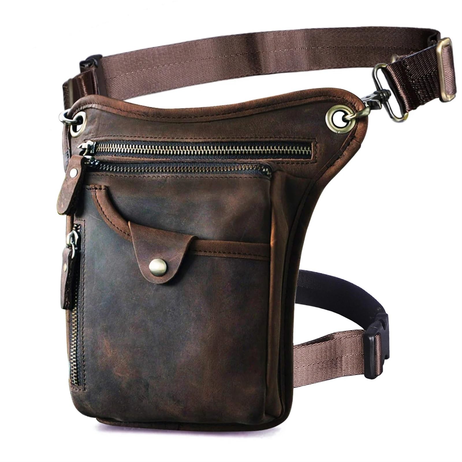 Gruby Crazy Horse skórzany męski design na co dzień kawa klasyczna torba na ramię moda podróżna nerka pas biodrowy torba na nogi 211-5, Ciemny brąz, Jeden rozmiar