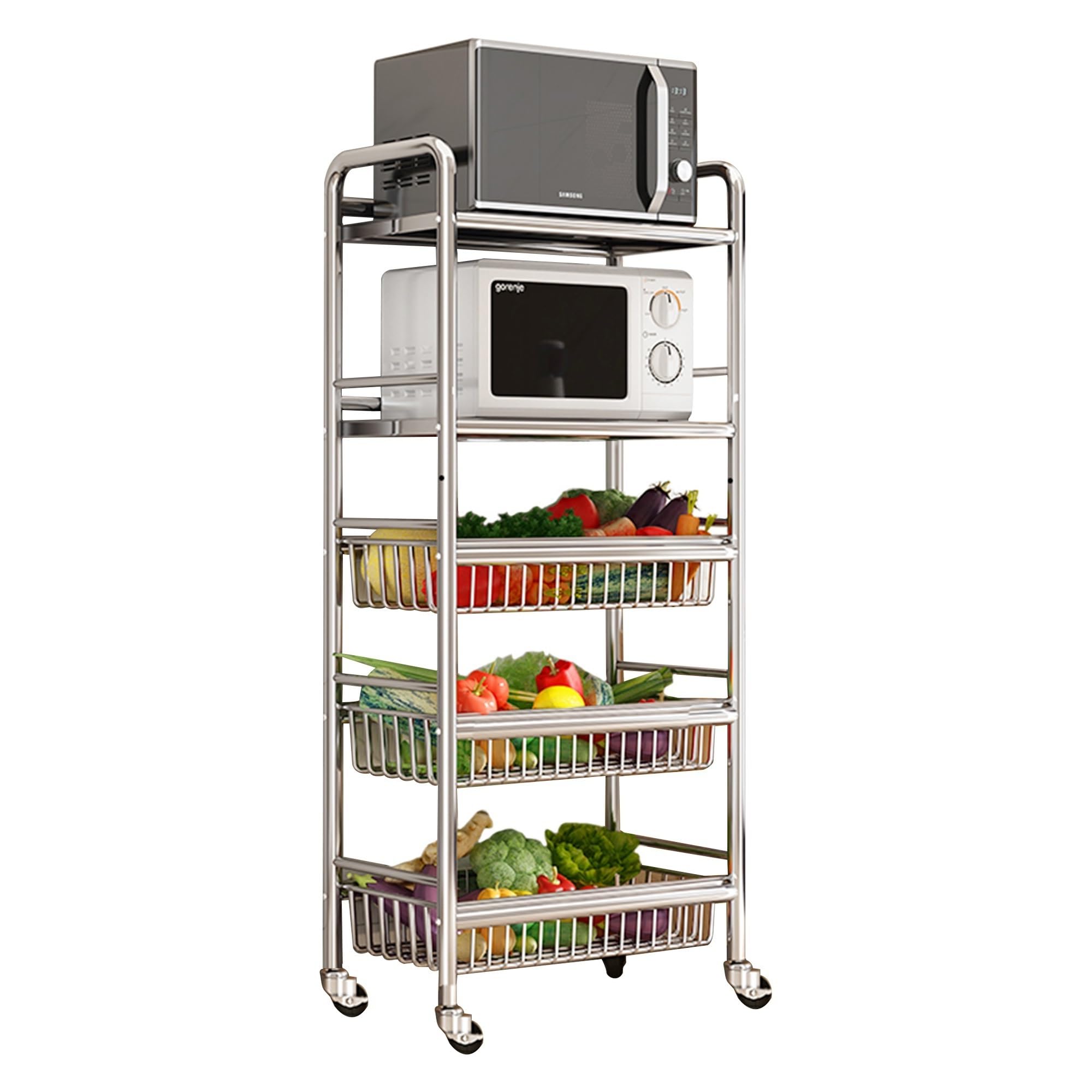 Stainless Steel 304 Kitchen Cart with Wheels Multi-Functional Rolling Utility Trolley Mesh Basket &amp; Pantry Shelf for Fruits Vegetables Onions &amp; Potatoes Storage,B-58 * 37.5 * 137cm
